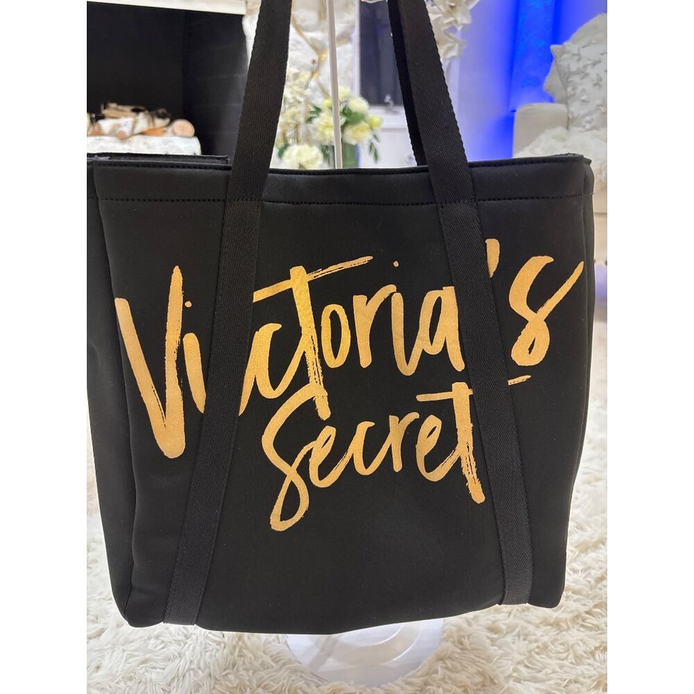 Victorias Secret Black Tote Wine Cooler Bag With Gold Script & Insulated Interio